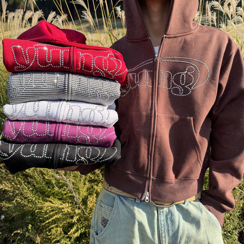 Universal logo rhinestone zip hoodie