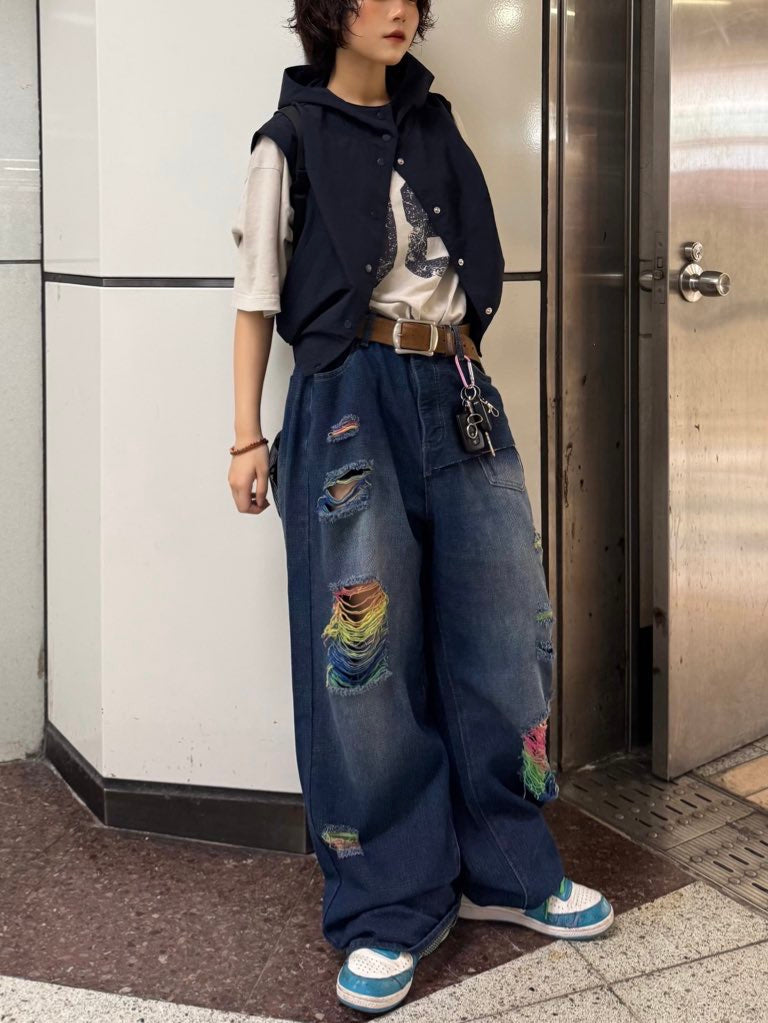 rainbow damage denim