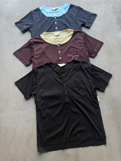 2-Layered Henley Rhinestone Tee