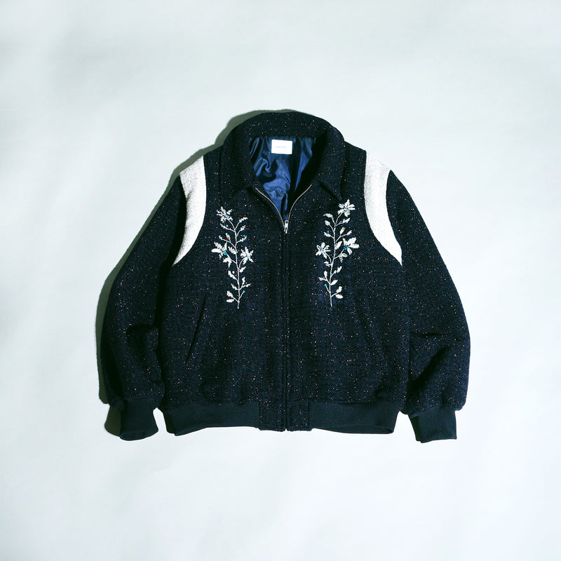 flower embroidery lame tweed varsity jacket