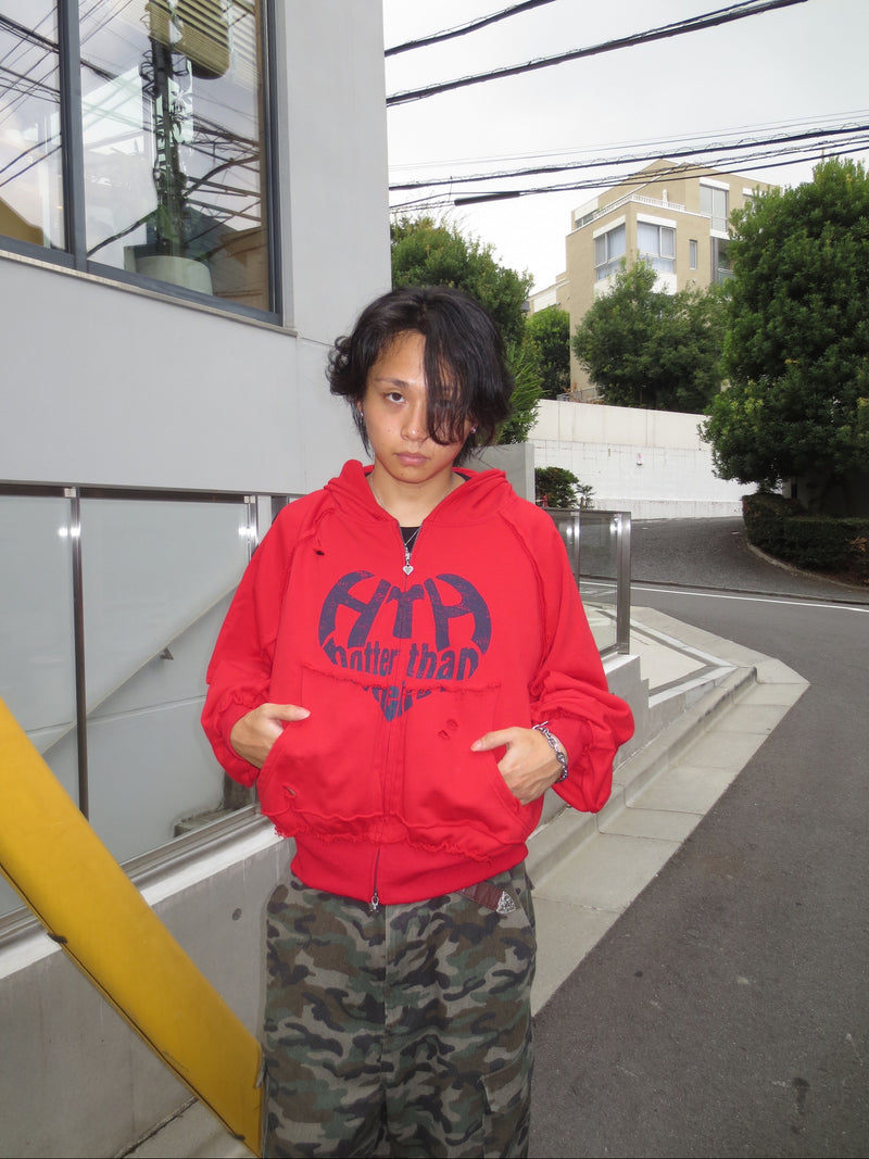 heart logo damage zip hoodie