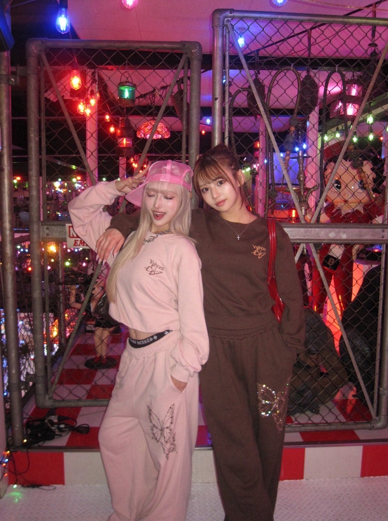 Butterfly logo rhinestone rich sweat pants