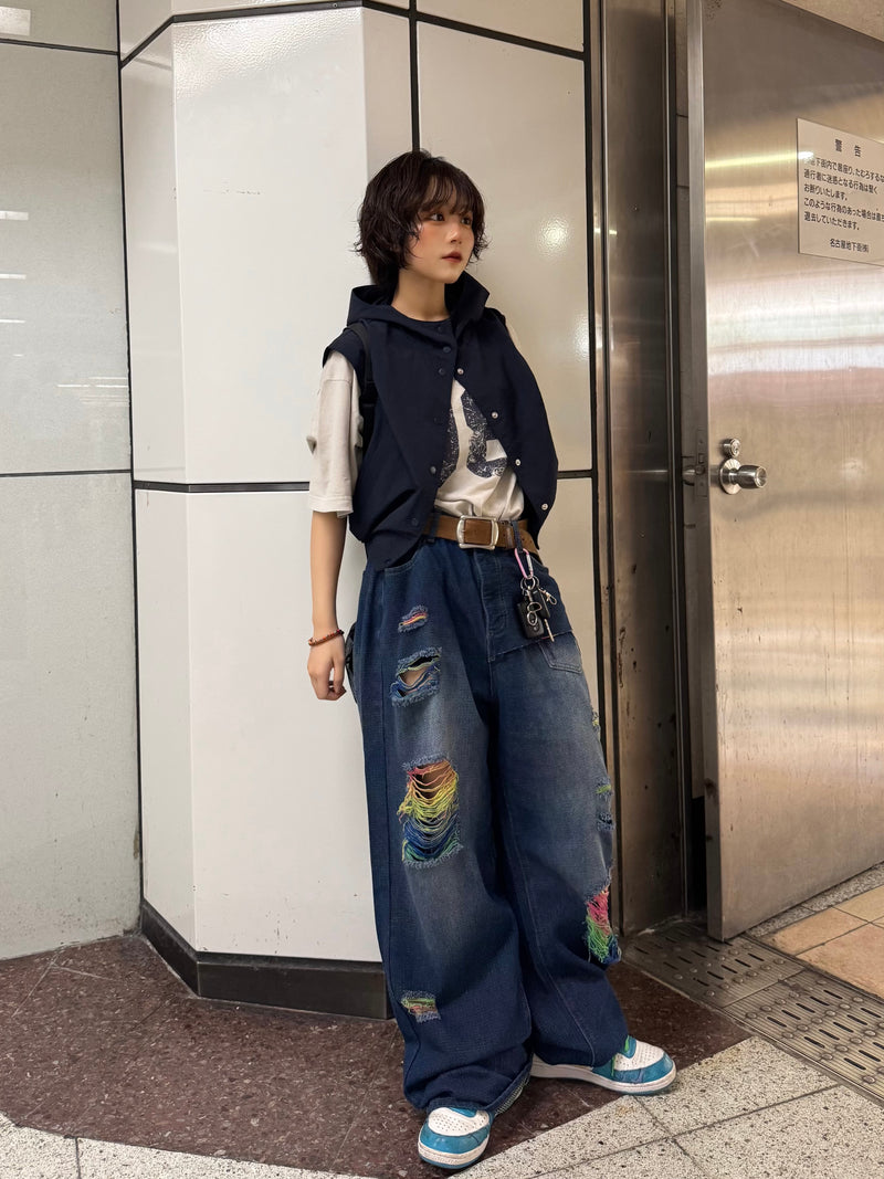 rainbow damage denim