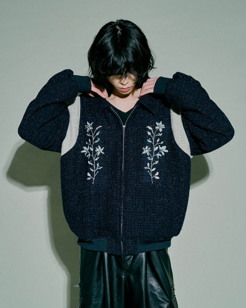 flower embroidery lame tweed varsity jacket