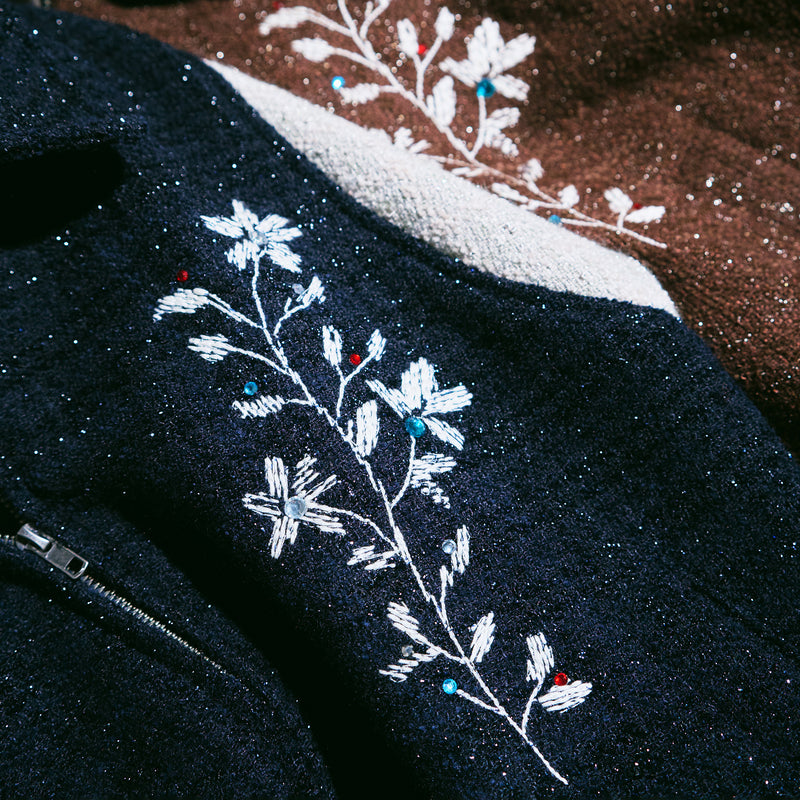 flower embroidery lame tweed varsity jacket