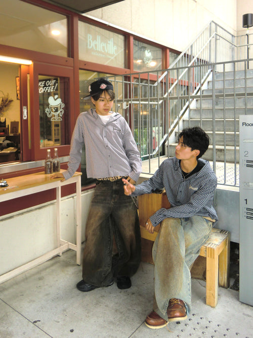 Tribal logo check hooded shirt