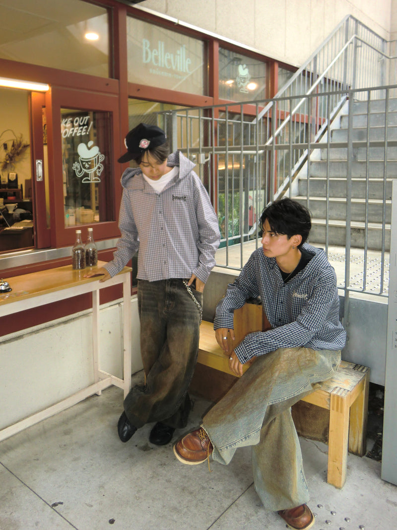 Tribal logo check hooded shirt