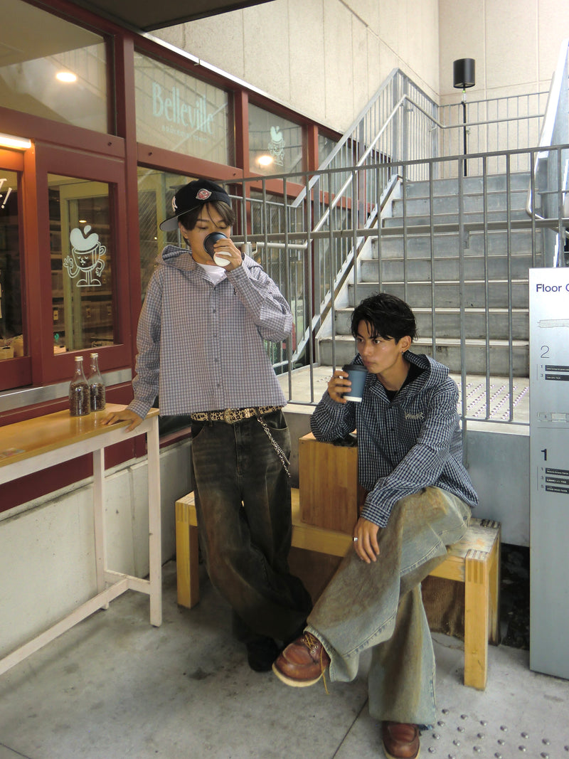 Tribal logo check hooded shirt