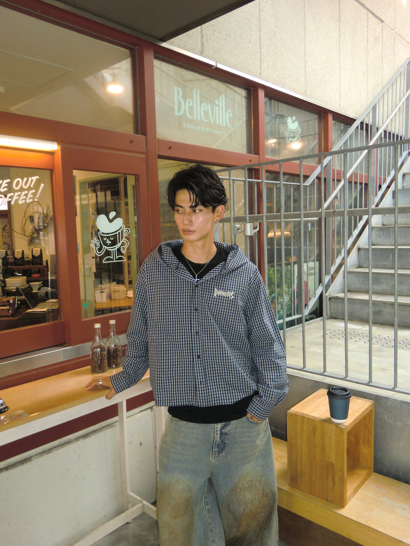 Tribal logo check hooded shirt