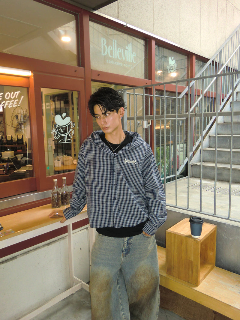 Tribal logo check hooded shirt