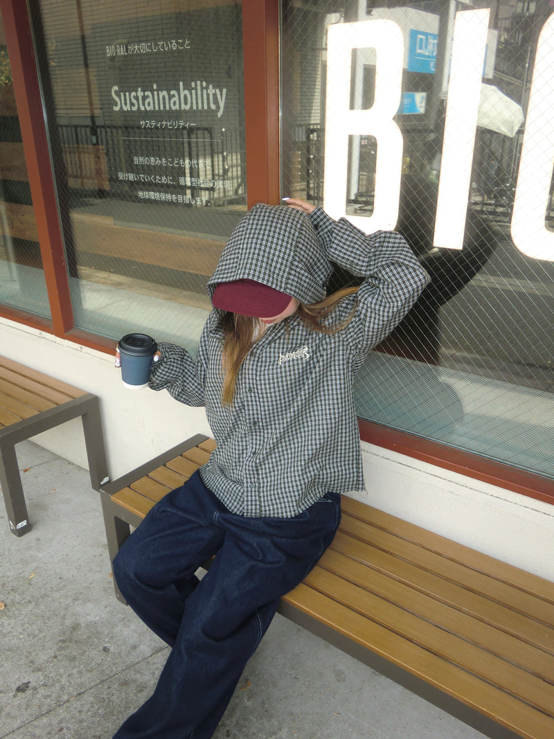 Tribal logo check hooded shirt