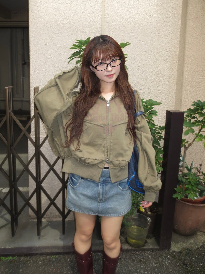 heart logo damage zip hoodie