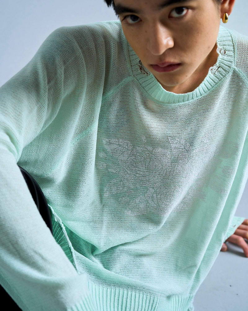 flower paint broken long sleeve sheer sweater