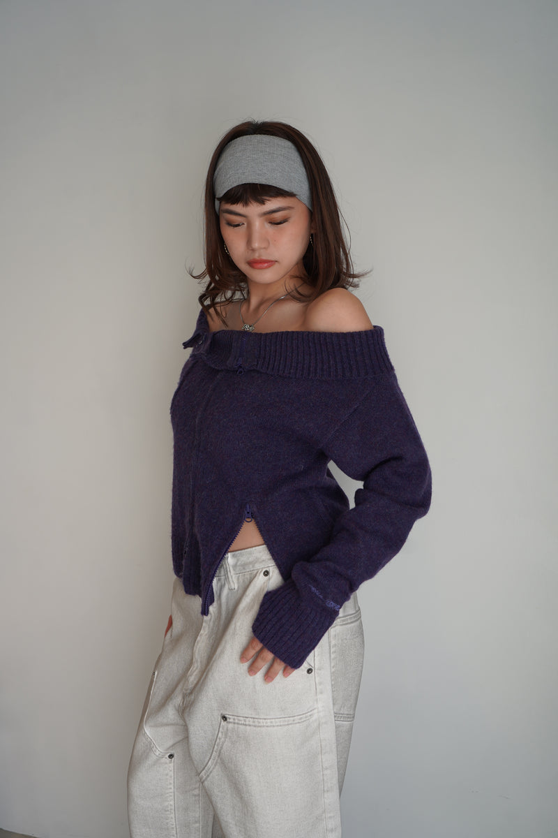 off shoulder zip knit