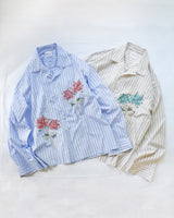 Flower Embroidery Cut Off Stripe L/S Shirt