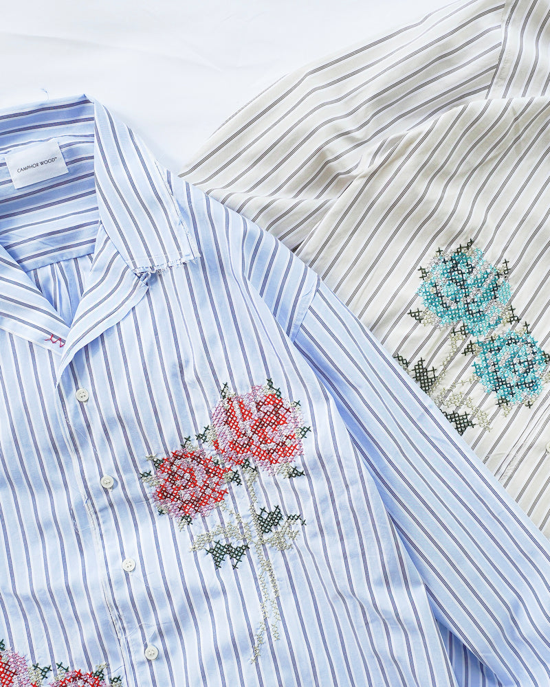 Flower Embroidery Cut Off Stripe L/S Shirt