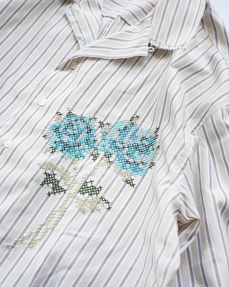 Flower Embroidery Cut Off Stripe L/S Shirt