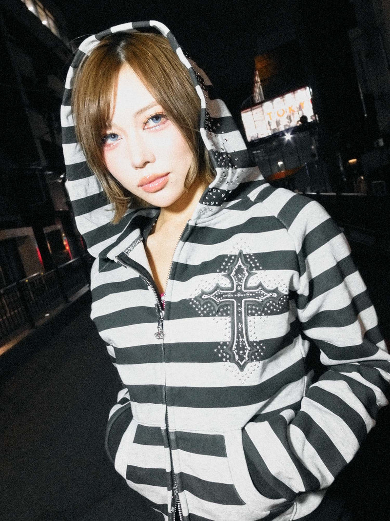Cross Patch Striped Zip Hoodie – YZ