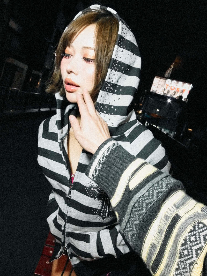 トップス 9090 girl Cross Patch Striped Zip Hoodie Cross Patch Striped Zip Hoodie – YZ