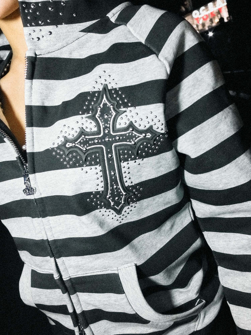 Cross Patch Striped Zip Hoodie – YZ