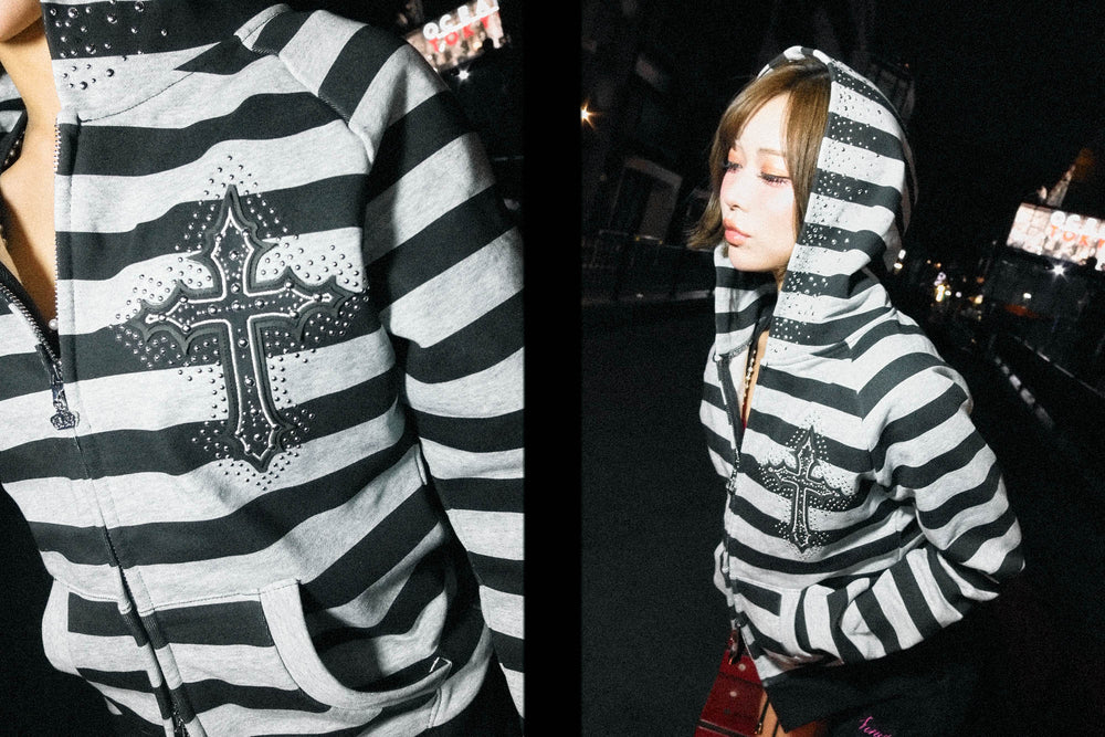 Cross Patch Striped Zip Hoodie – YZ
