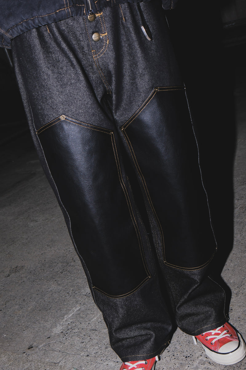 Leather doubleknee rigid denim