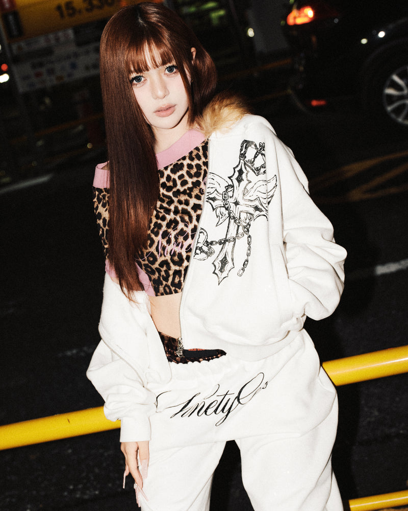 Cross Logo glitter Fur Zip Hoodie