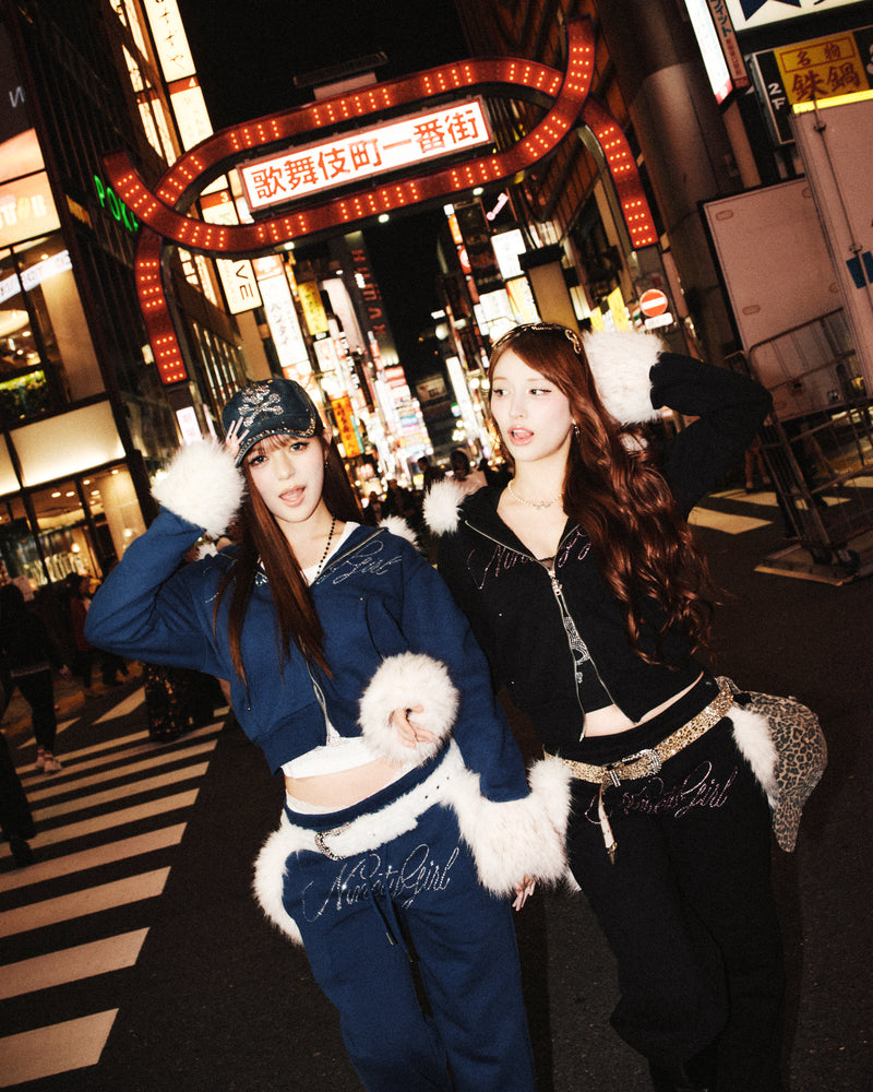 Ninety Girl Rhinestone Fur Zip Hoodie