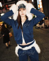 Ninety Girl Rhinestone Fur Zip Hoodie