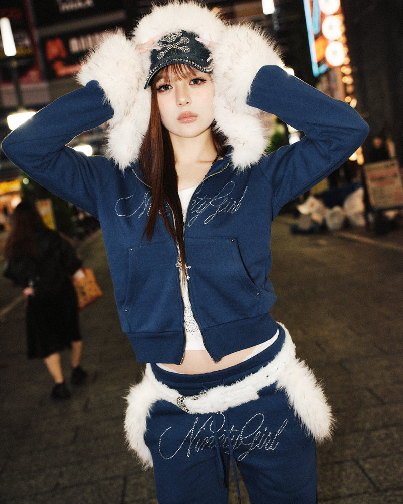 Ninety Girl Rhinestone Fur Zip Hoodie