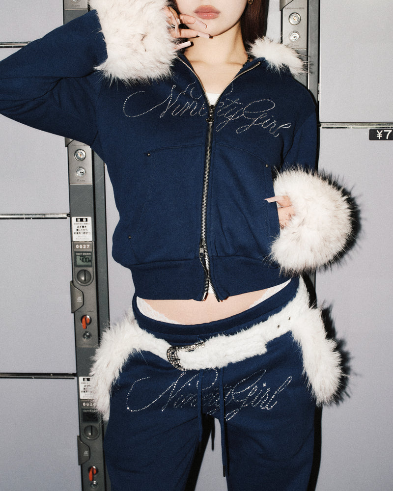 Ninety Girl Rhinestone Fur Zip Hoodie