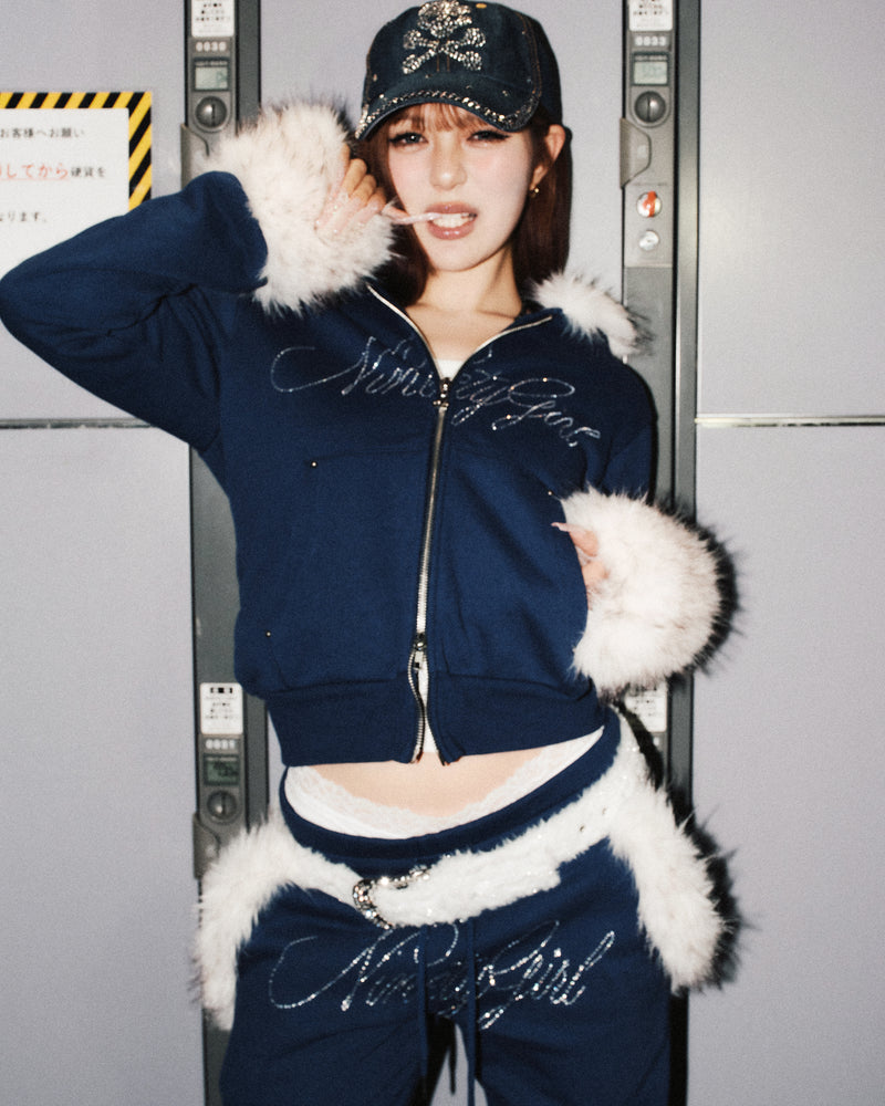 Ninety Girl Rhinestone Fur Zip Hoodie
