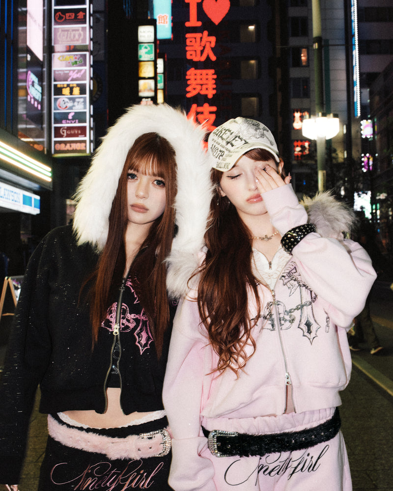 Cross Logo glitter Fur Zip Hoodie