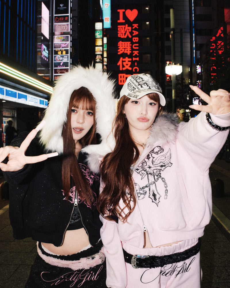 Cross Logo glitter Fur Zip Hoodie