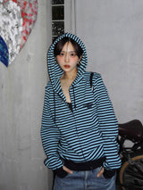 Striped rib knit zip hoodie