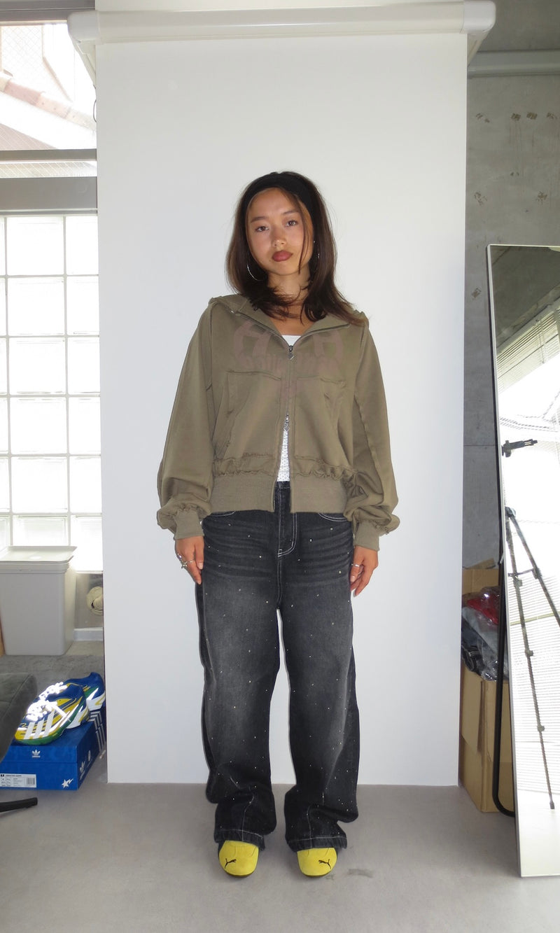 heart logo damage zip hoodie