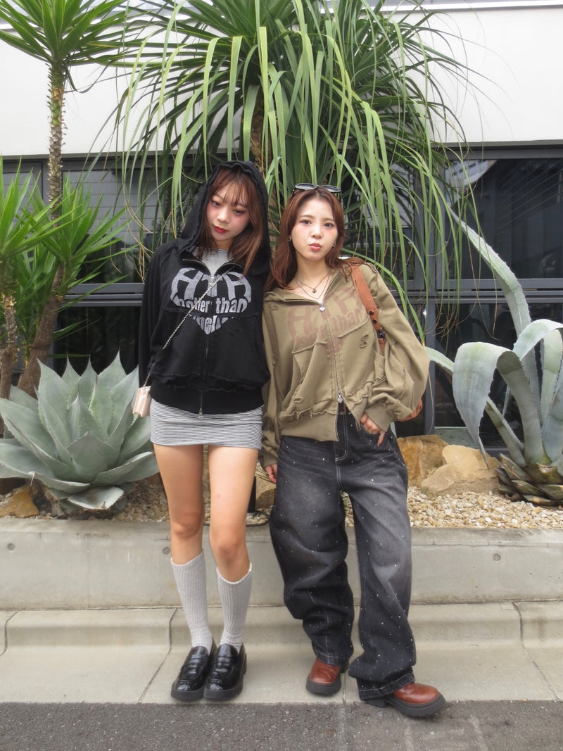 heart logo damage zip hoodie