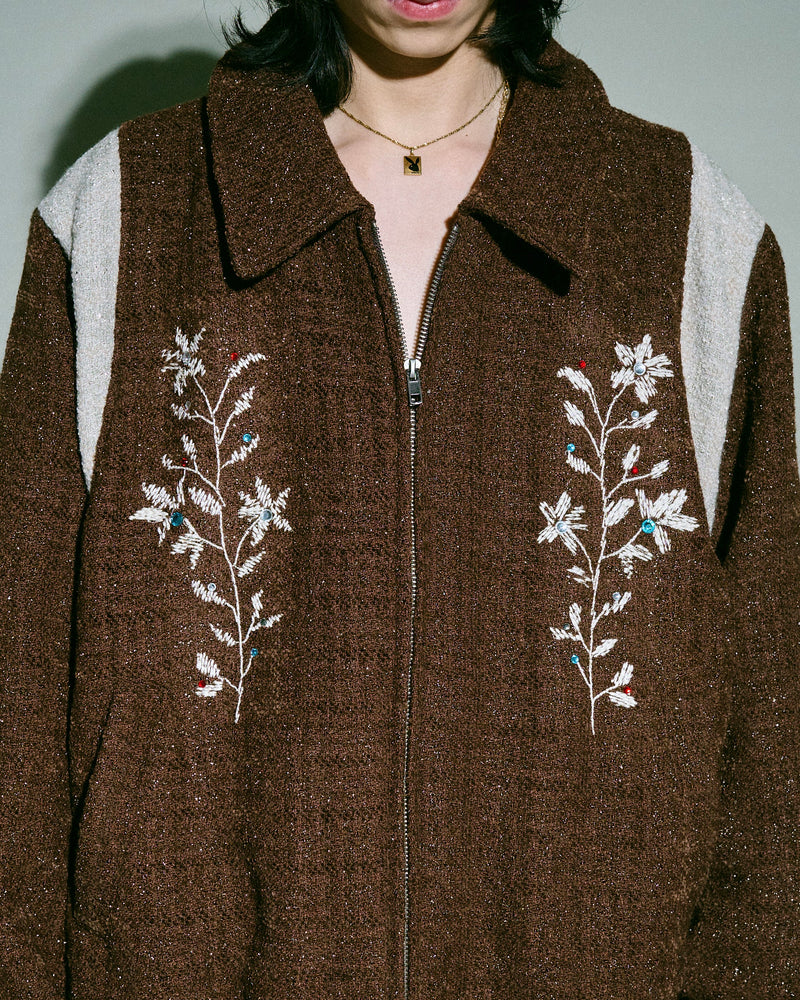 flower embroidery lame tweed varsity jacket