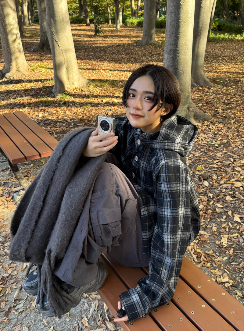 wool like check hood