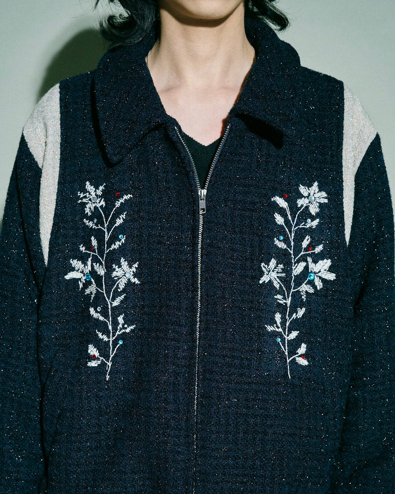 flower embroidery lame tweed varsity jacket