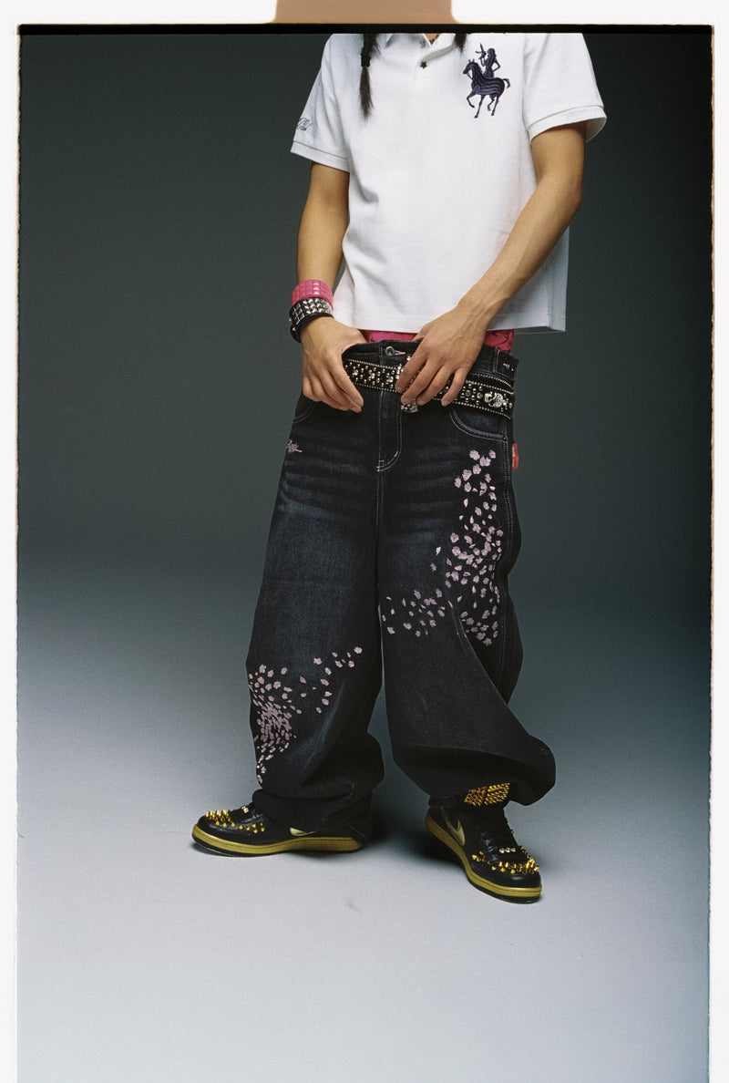 Sakura Embroidered Slub Denim Buggy Pants – YZ
