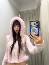 Fur Hooded Zip-Up Knit 