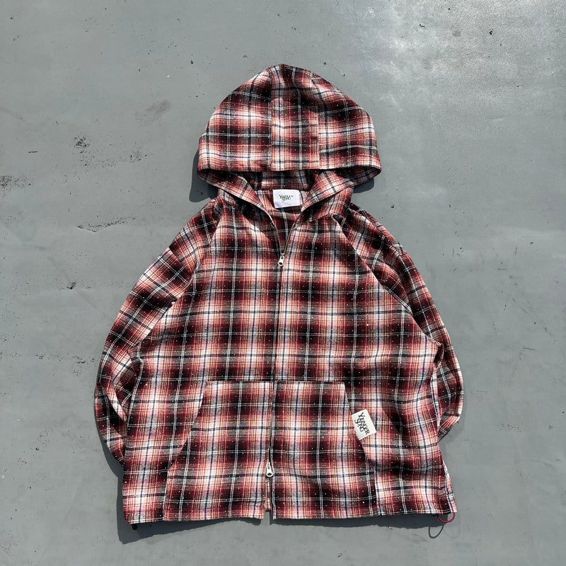 Rhinestone check shirt zip hoodie 
