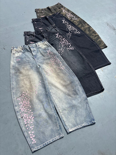 Sakura Embroidered Slub Denim Buggy Pants
