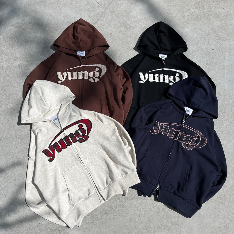 다양한 패턴의 yung 로고 집업 후디 