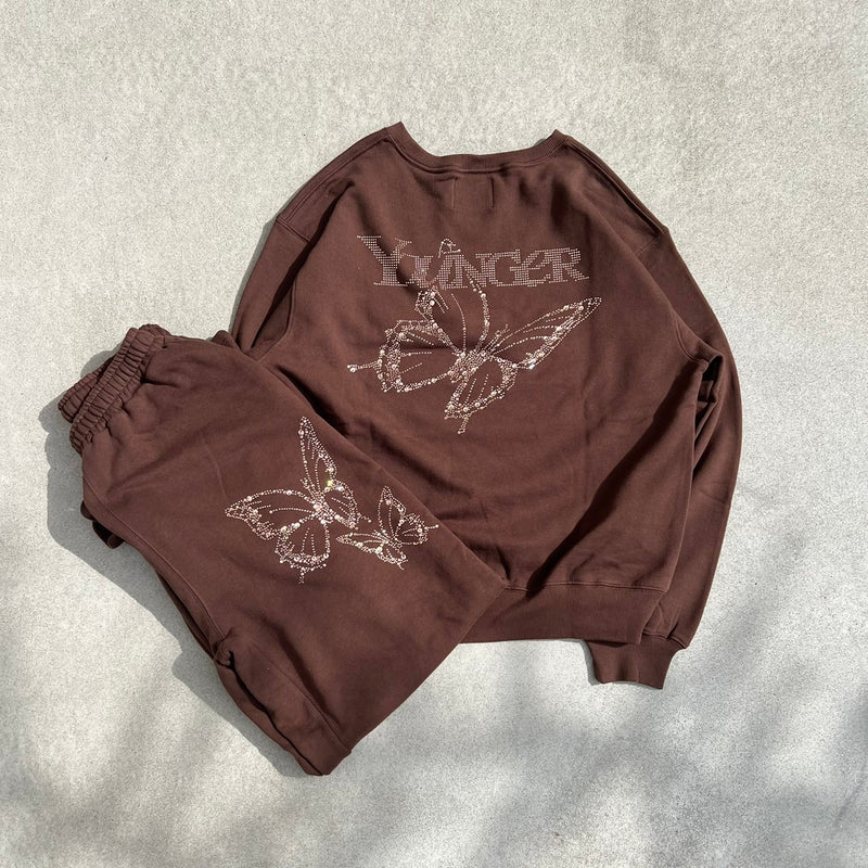 Butterfly logo rhinestone rich sweat pants