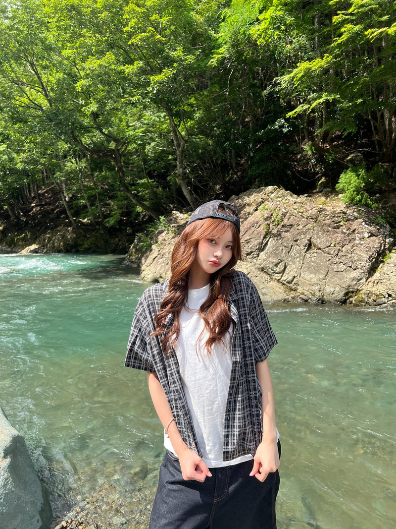 라인 스톤 SS 체크 셔츠 