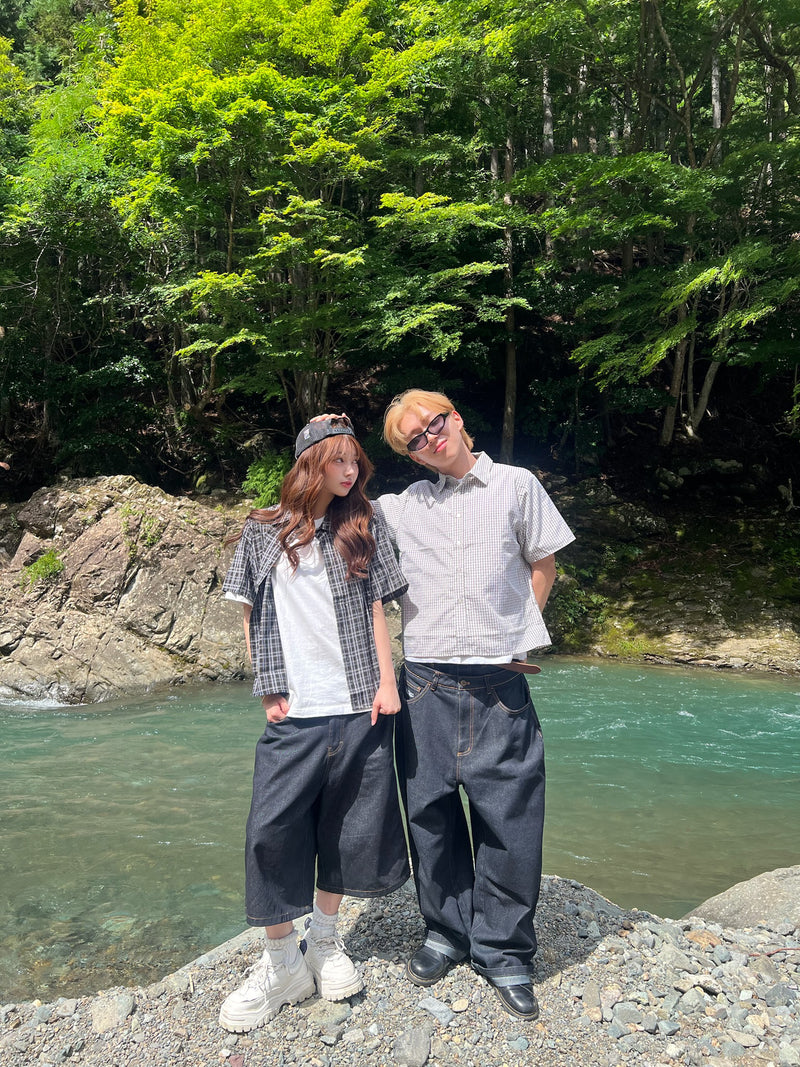 라인 스톤 SS 체크 셔츠 