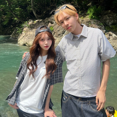 라인 스톤 SS 체크 셔츠 