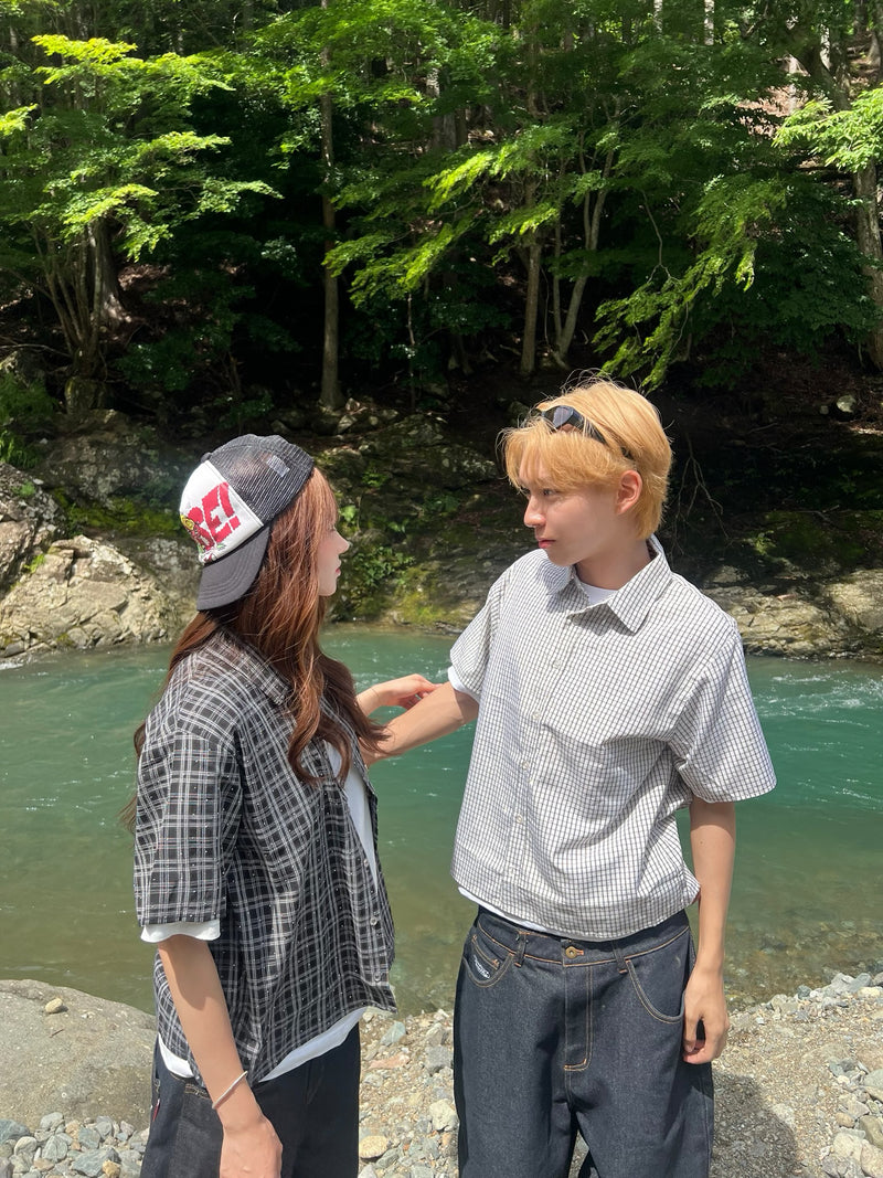 라인 스톤 SS 체크 셔츠 